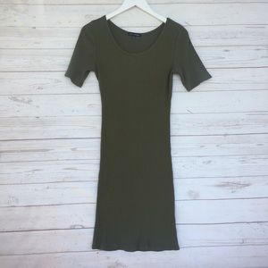 Olive Ribbed Midi Short Sleeve Dress